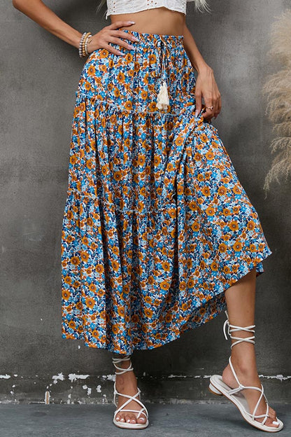 Floral fungus lace stitching layered skirt bohemian tassel seaside holiday beach skirt