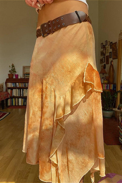 Retro Low-Waist Ruffled Asymmetrical Skirt