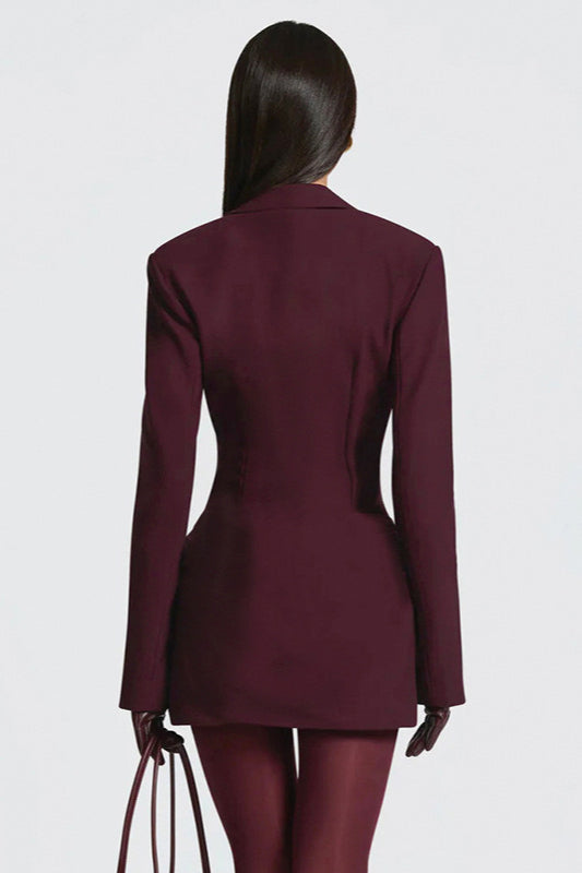 Peak Lapel Deep Plunge Corset Hook Closure Ruched Wrap Blazer Mini Dress