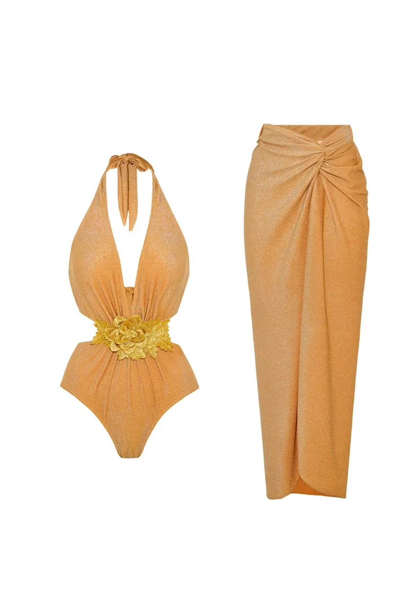 Golden Halter Deep V One-Piece Swimsuit