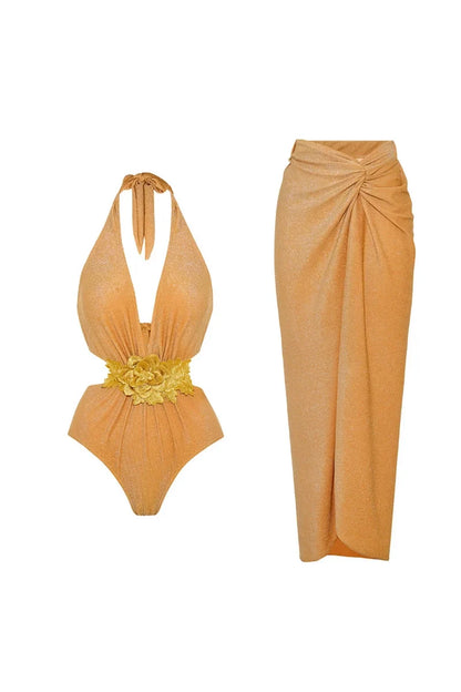 Golden Halter Deep V One-Piece Swimsuit