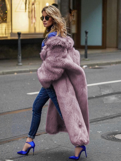 Faux Fur Coat With Notched Lapel Solid Color Eco-friendly Winter Long Jacket For Women 2026