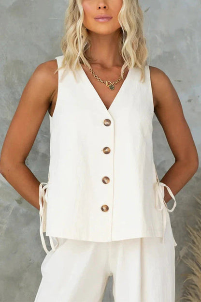 Side Split Button Up Sleeveless Top and Wide Leg Pants Set