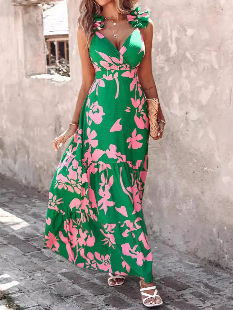 V neck Pleated Ruffle Swimsuit & Skirt Coord Set