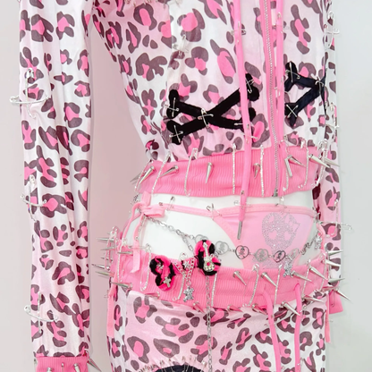 Leopard print long sleeve hoodie rivet 3 piece mini skirt set