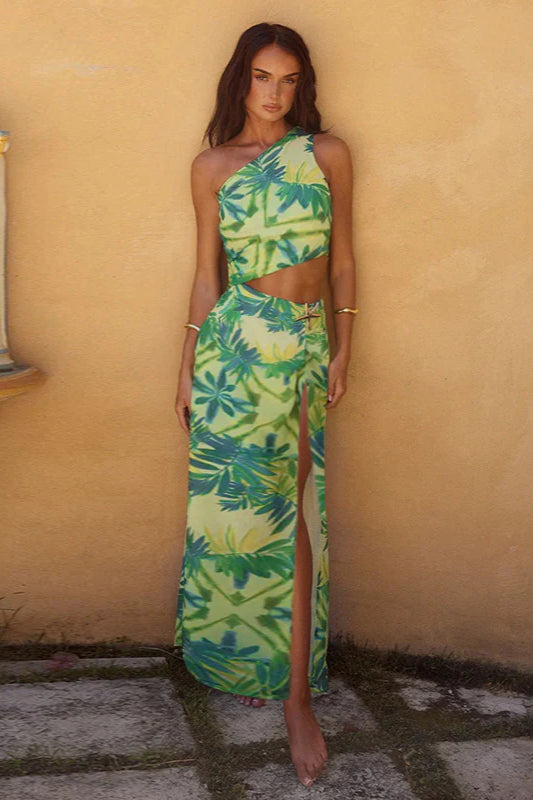 Asymmetrical Shoulder Bodycon Waist Maxi Dress