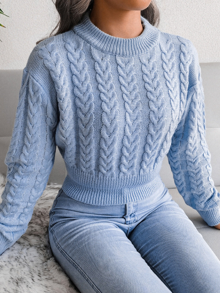 Women Pullover Sweater Baby Blue Jewel Neck Long Sleeves Cotton Sweaters