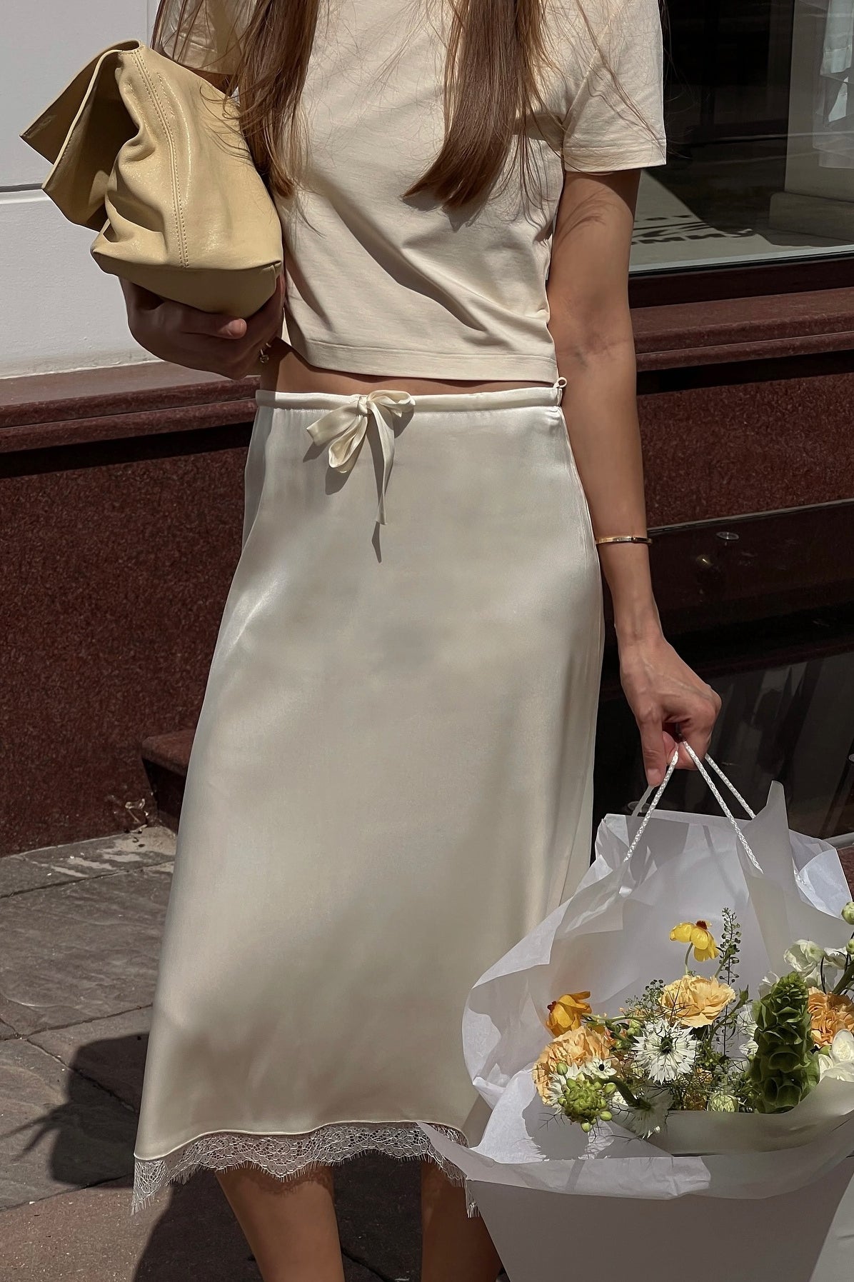 Lace Trim Tie-Up Midi Skirt