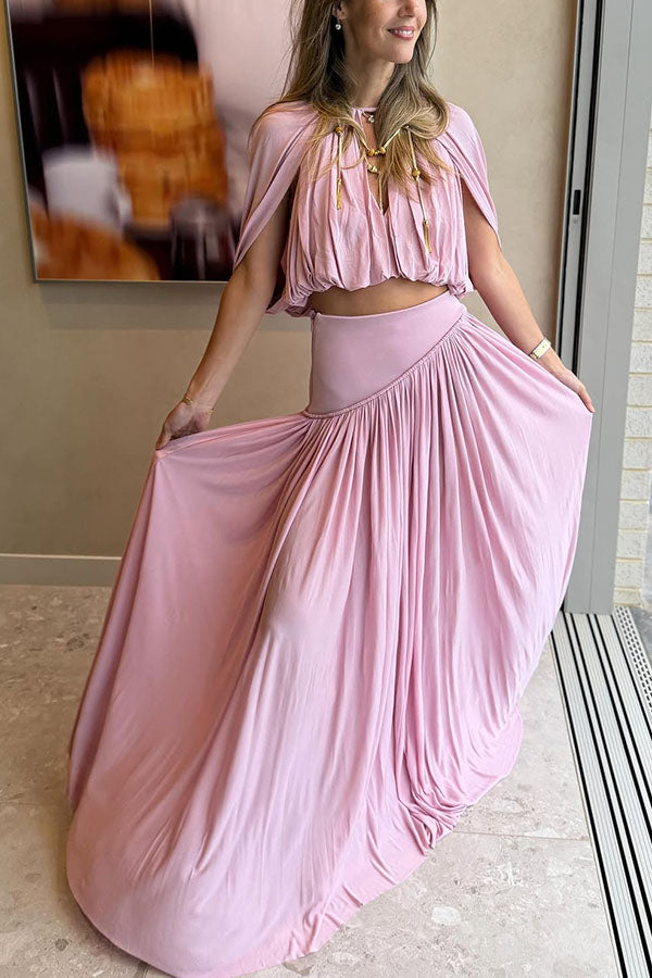 Venus Cutout Neck Slit Sleeve Crop Ruched Top and High Rise Pleated Maxi Skirt Set