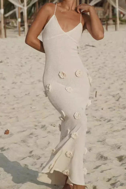 Floral Knit Backless Lace-Up Fitted Maxi Dress