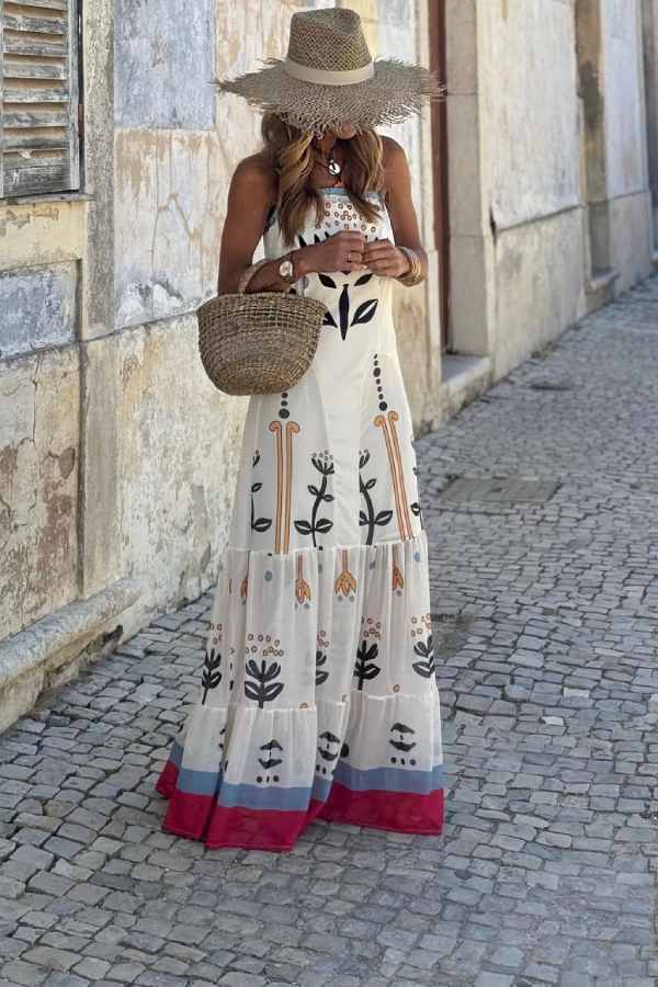 White Flat Collar Printed Patchwork Hem Loose Suspender Dress