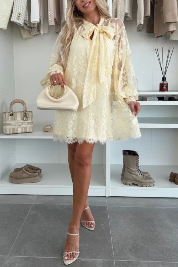 Night Rose Lace Bow Neck Long Balloon Sleeve A-line Mini Dress