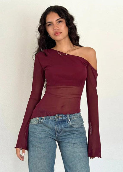 Asymmetrical Gauzy Off-Shoulder Long Sleeve Top