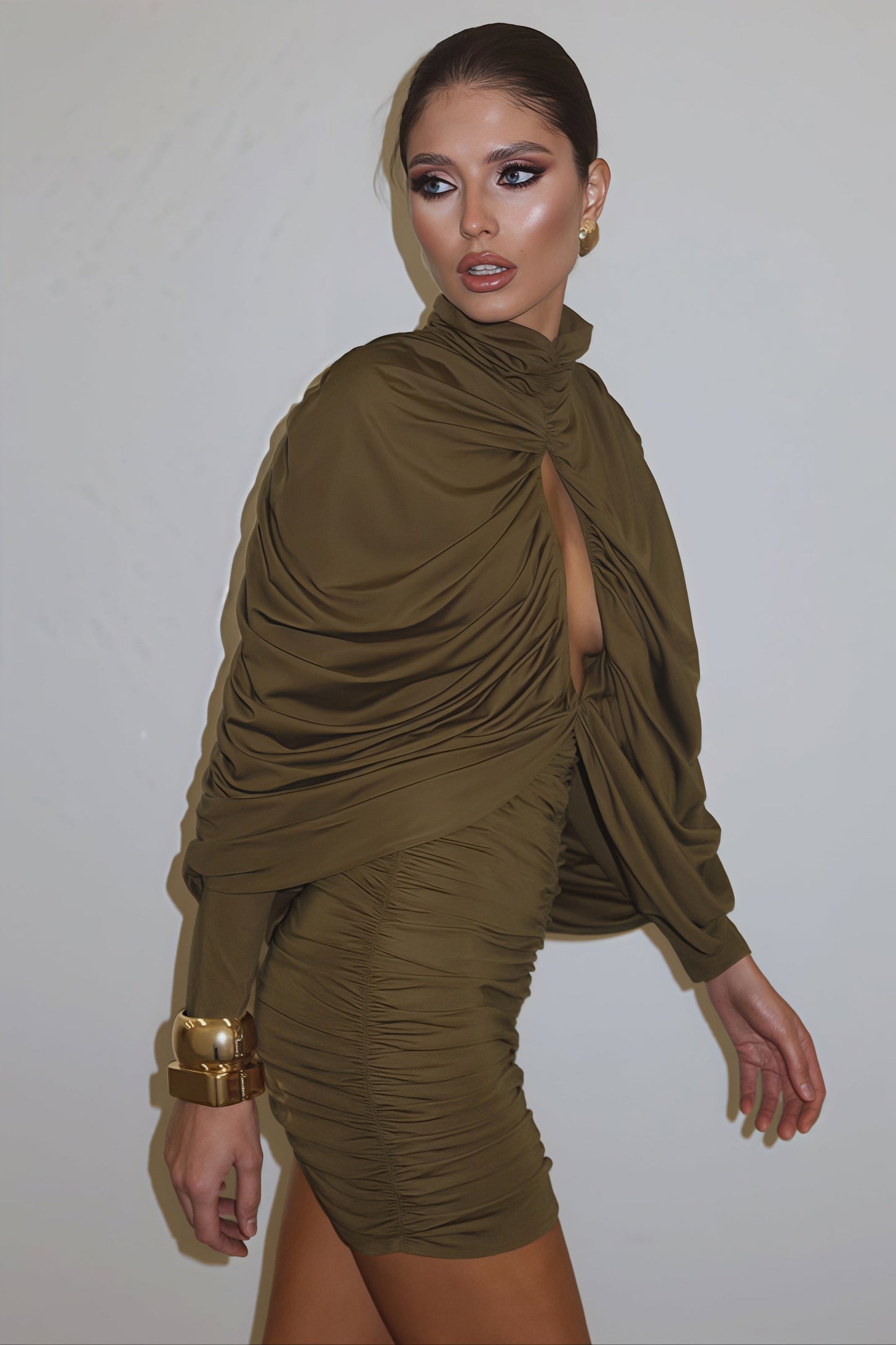 Cowl Neck Teardrop Cutout Ruched Cape Sleeve Bodycon Mini Dress