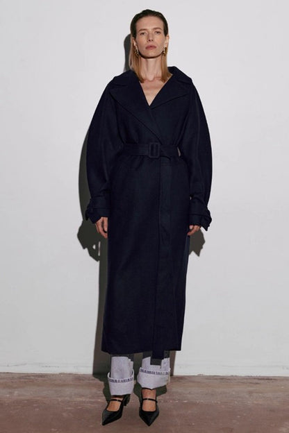 Extra-Long Wool Tie-Waist Loose Overcoat