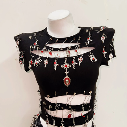 Crewneck short sleeve hollow out metal applique cut out top