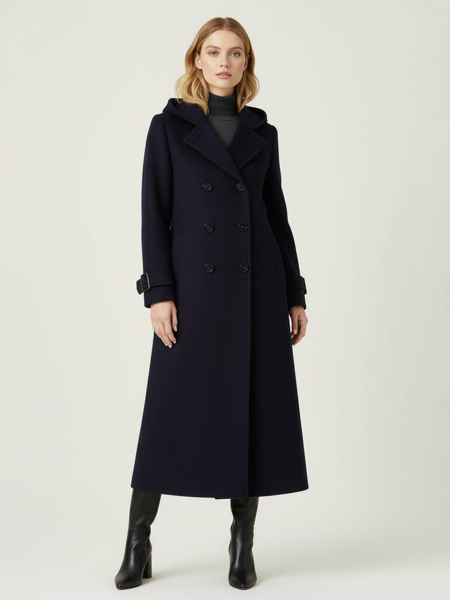 Hooded Double-Breasted Long Woolen Coat With Cuff Tabs For Women 2026