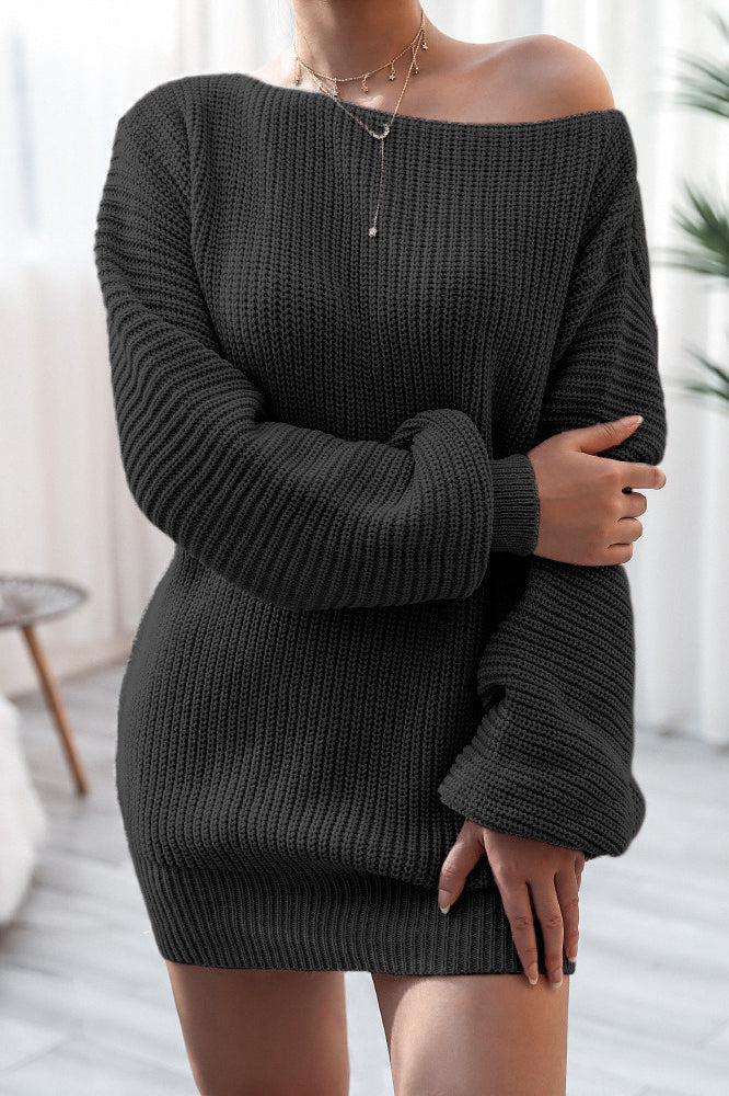 Boat Neck Off Shoulder Oversized Balloon Sleeve Ribbed Knit Mini Sweater Dress