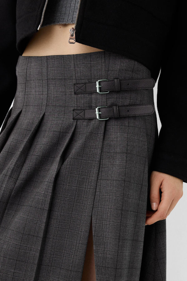 Box Pleat Midi Skirt with A Belt Detail