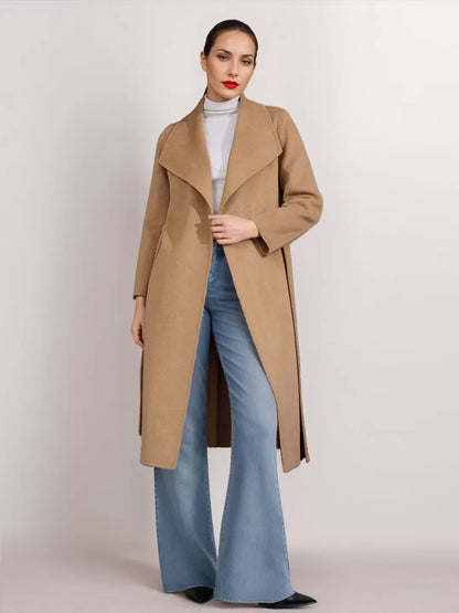 Wool Cashmere Blend Coat Belted Camel Wide Lapel Winter Double-Faced Outerwear For Women 2026