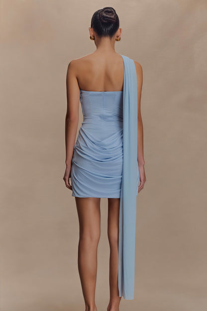 One-Shoulder Draped Mesh Sash Ruched Bodycon Mini Dress