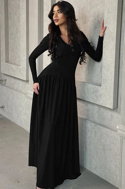 Surplice V-Neck Empire Waist Pleated Long Sleeve Maxi Dress