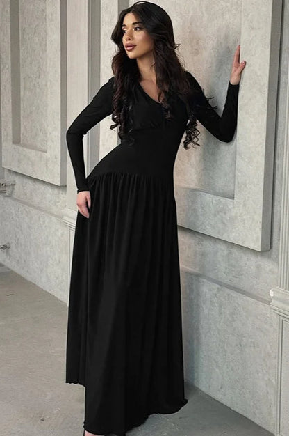 Surplice V-Neck Empire Waist Pleated Long Sleeve Maxi Dress