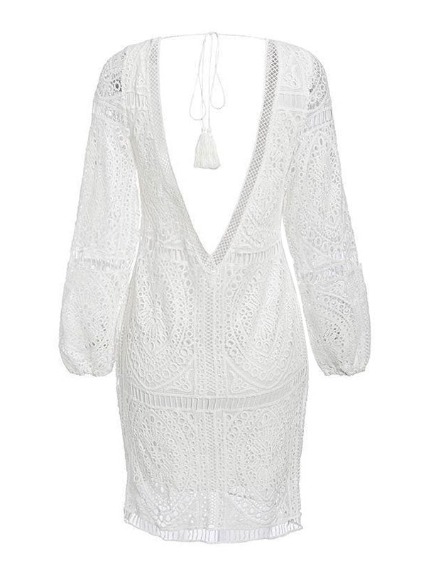 White Lace Boho Dress for Women - Backless Long Sleeve V Neck Mini Dress - Summer Beach Vacation Outfit 2026