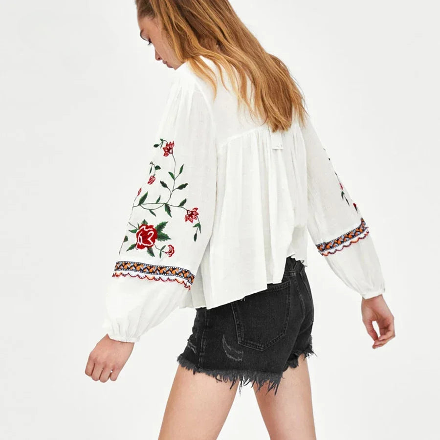 White Floral Embroidery Puff Sleeve Loose Boho Blouse