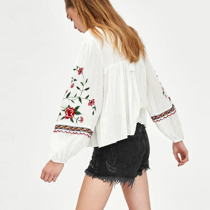 White Floral Embroidery Puff Sleeve Loose Boho Blouse