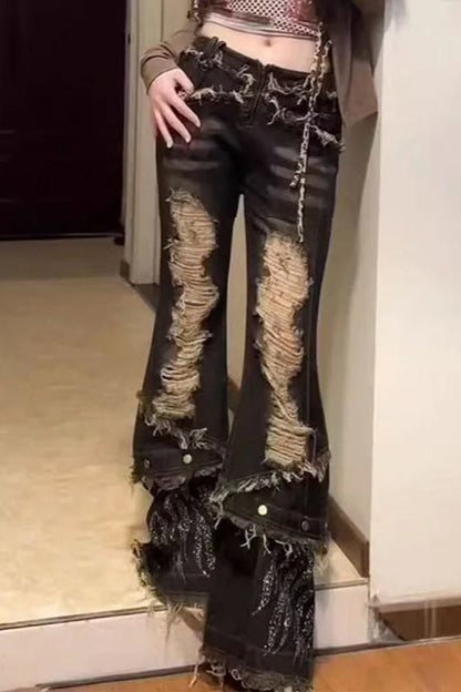 Retro Spice Girl Washed Ripped Flared Jeans