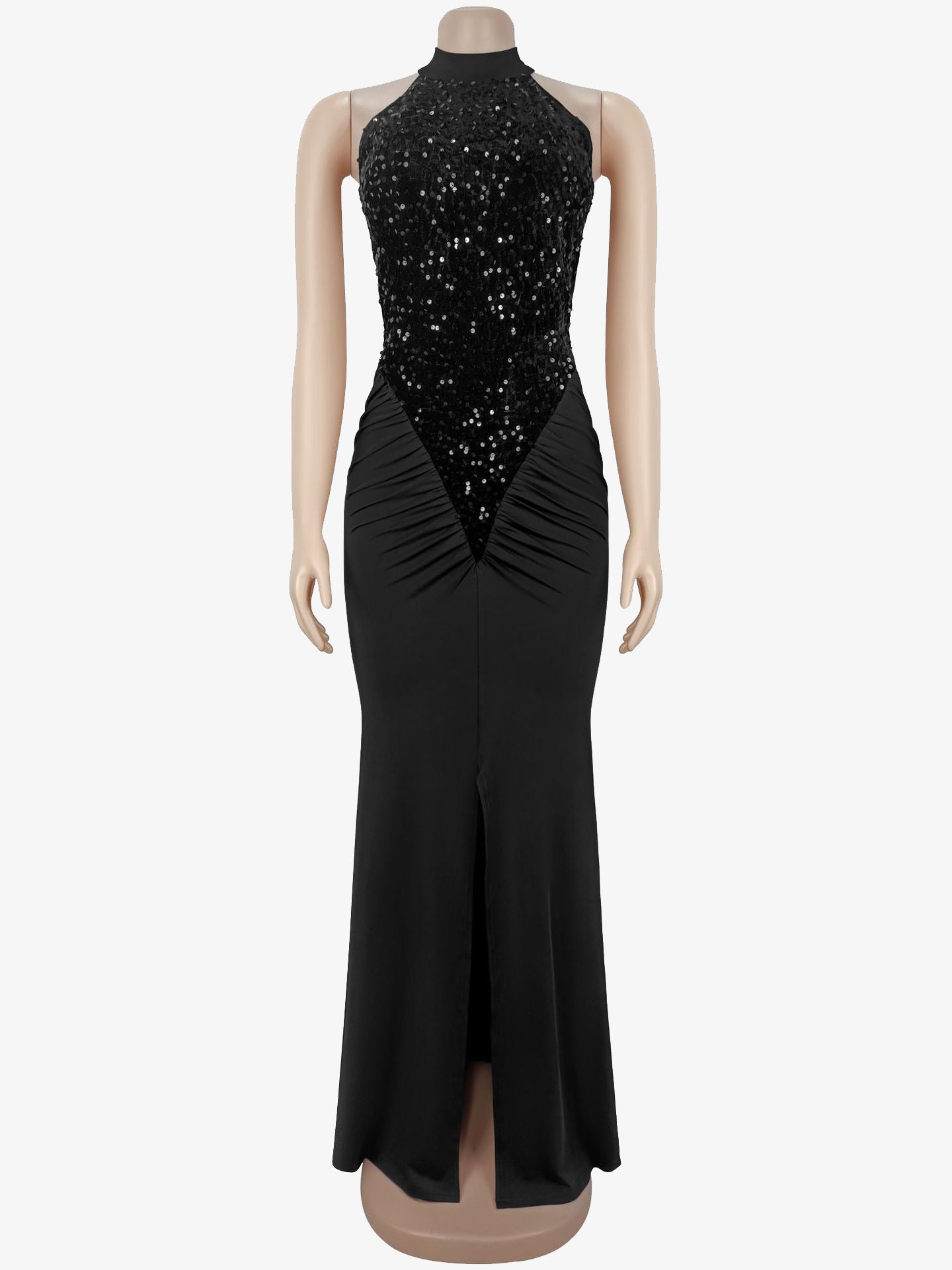 Sequin Halter Neck Ruched Waist High Slit Evening Long Dress For Women 2026