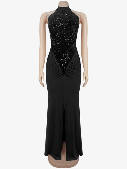 Sequin Halter Neck Ruched Waist High Slit Evening Long Dress For Women 2026