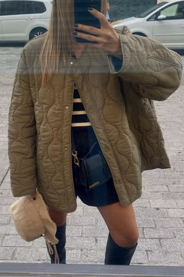 Solid Color Loose Round Neck Quilted Jacket