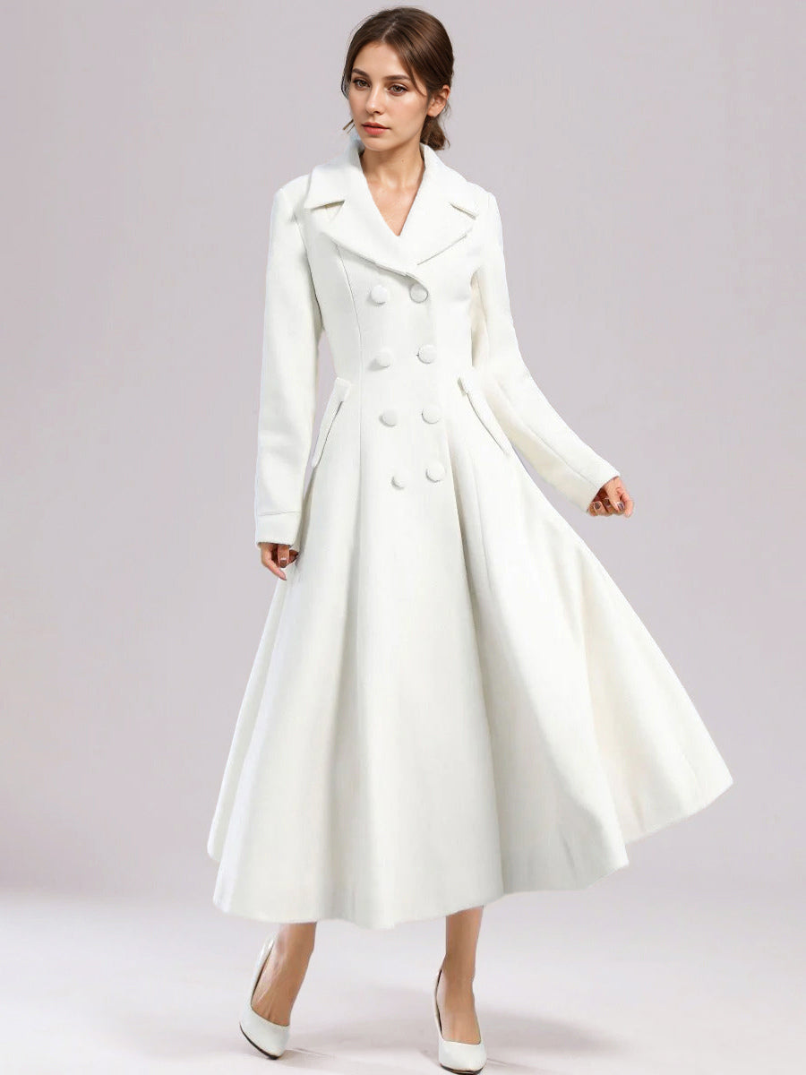 White Woolen Flared Coat For Woman Wide Lapel Double-breasted Winter A-line Midi Outerwear 2026