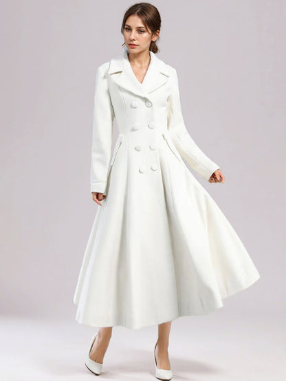 White Woolen Flared Coat For Woman Wide Lapel Double-breasted Winter A-line Midi Outerwear 2026