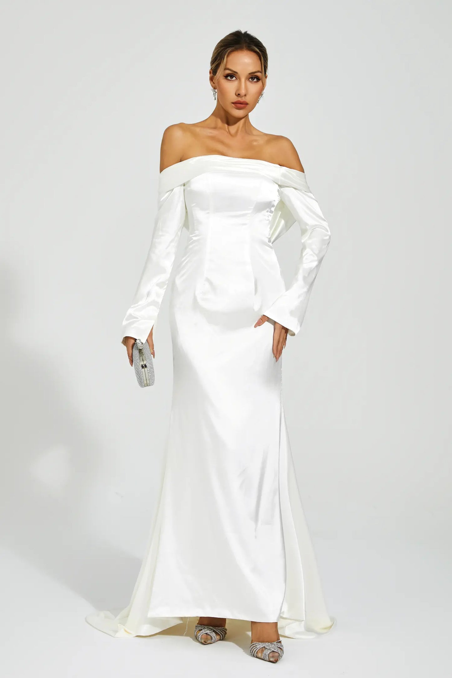 Joyce White Off-shoulder Maxi Satin Dress