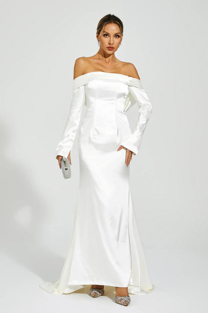 Joyce White Off-shoulder Maxi Satin Dress