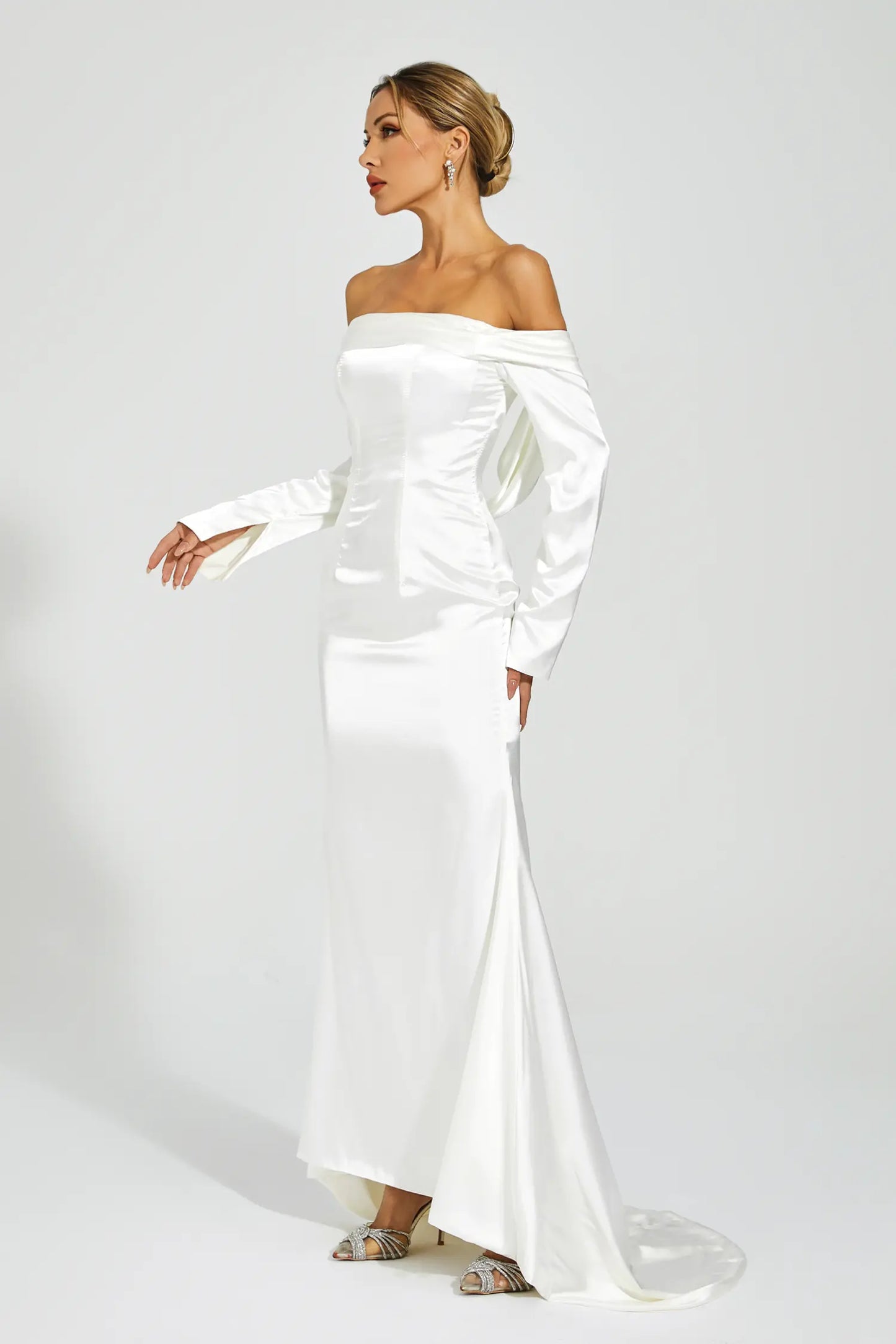 Joyce White Off-shoulder Maxi Satin Dress
