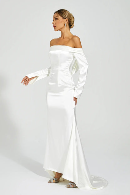 Joyce White Off-shoulder Maxi Satin Dress
