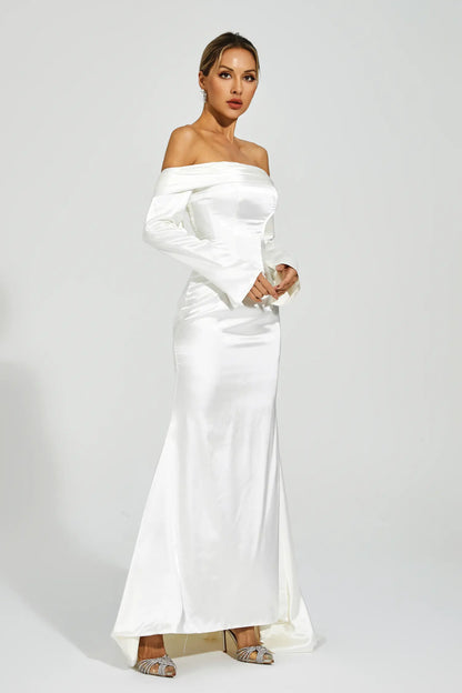 Joyce White Off-shoulder Maxi Satin Dress