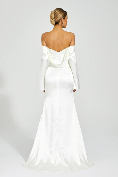 Joyce White Off-shoulder Maxi Satin Dress