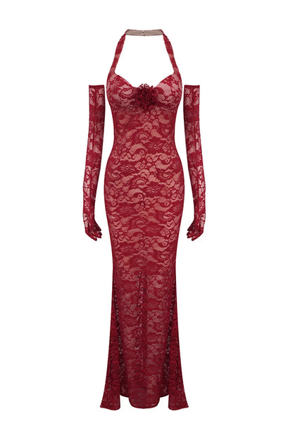 Marjorie Red Rose Lace Halter Maxi Dress