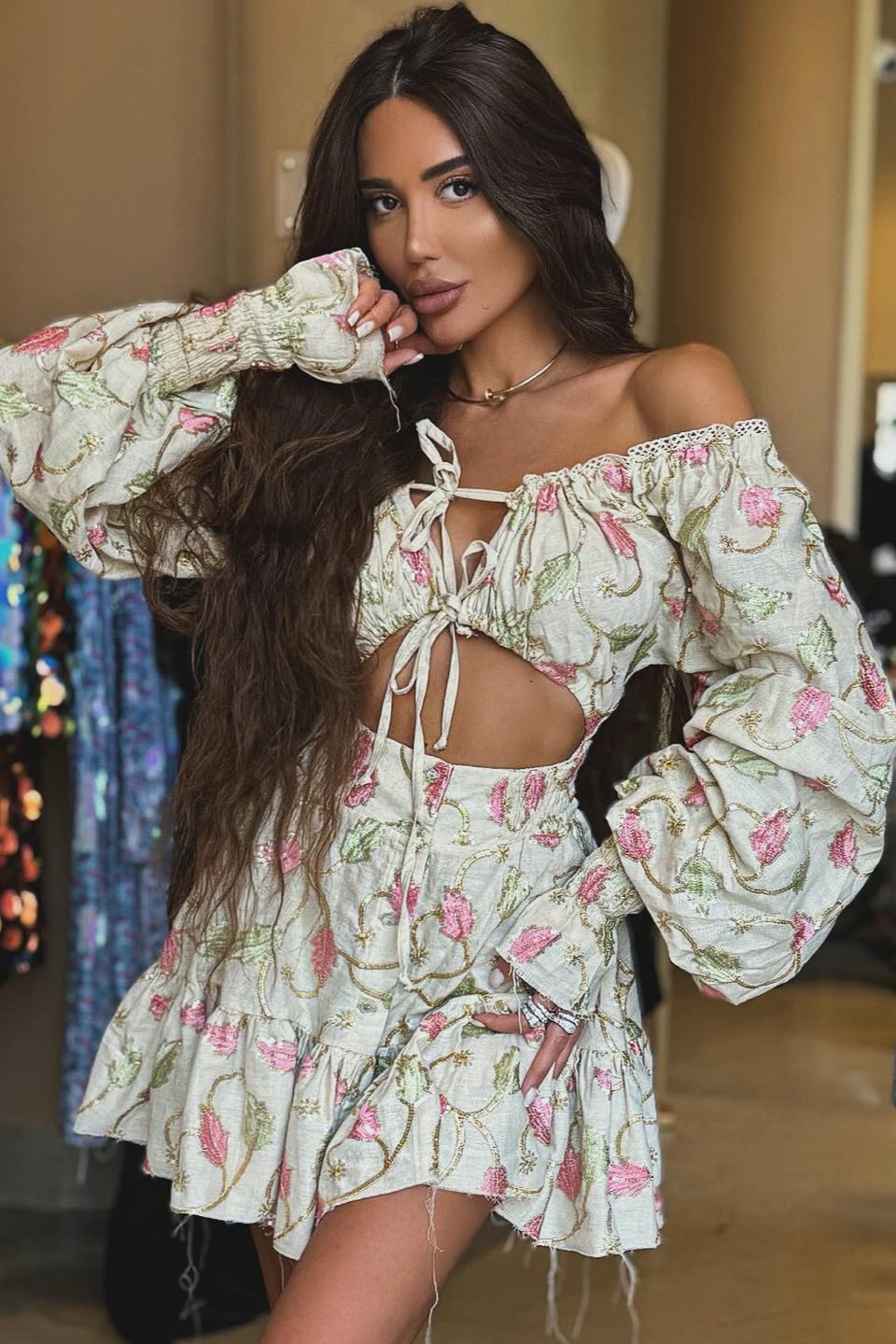 Plaid Lace Trim Off Shoulder Tie Front Puff Sleeve Smocked Mini Skirt Set