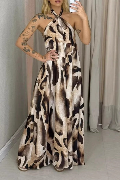 Leopard Print Halter Neck Backless Maxi Dress