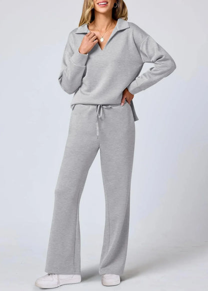 Relaxed Collar Pullover & Wide-Leg Pants Set