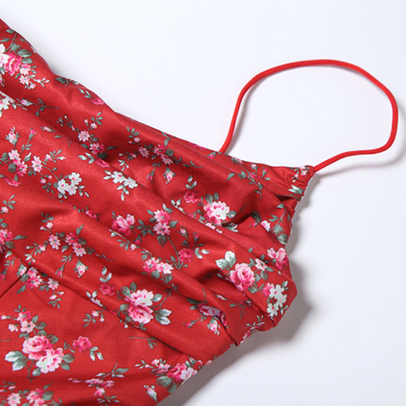 Zip-up ruched flower print slit cami maxi dress