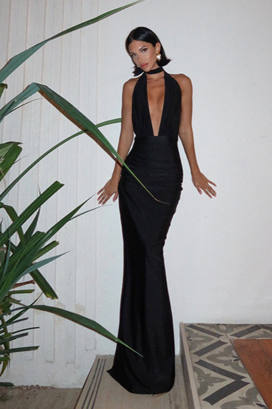 Sexy V Neck Halter Backless Solid Color Slit Formal Dress