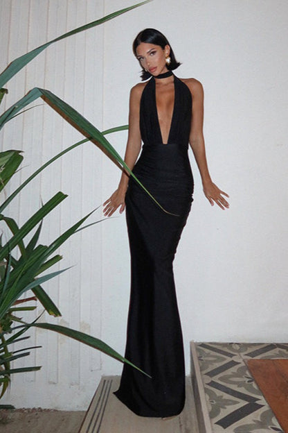 Sexy V Neck Halter Backless Solid Color Slit Formal Dress