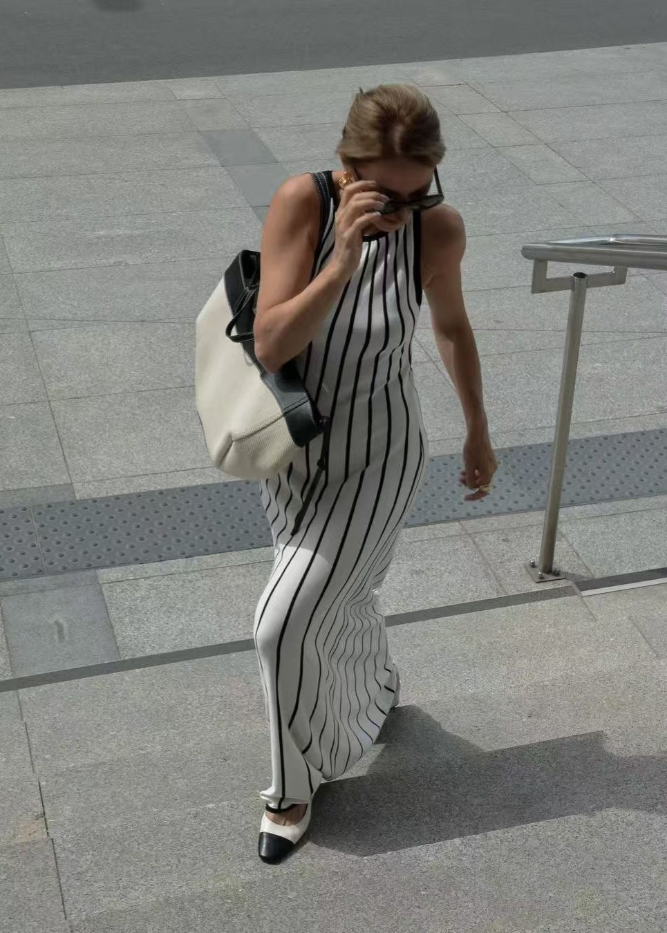 Vienna Sleeveless Stripe Maxi Dress – Ribbed Knit Column Silhouette